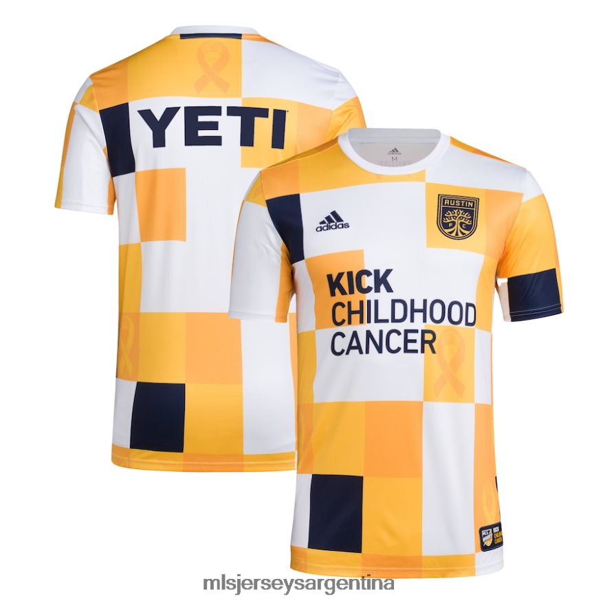 MLS Jerseys hombres austin fc adidas blanco/dorado 2022 works kick child cancer aeroready camiseta pre-partido 2T40R8417 jersey